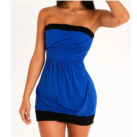 Y2K Guess Dark Blue Black Trim Strapless Blouson Mini Tube Dress Large - Picture 12 of 12